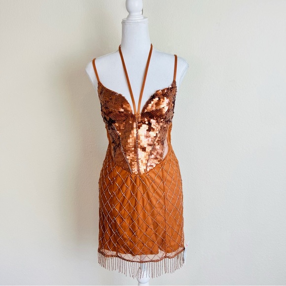 NWT ASOS Bronze Sequin Embellished Butterfly Mesh Fringe Beaded Mini Dress - Picture 1 of 13